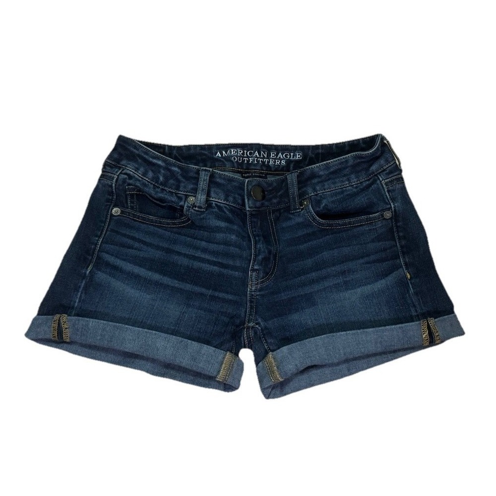 American Eagle Super Stretch Midi Shorts Size 4 Dark Wash Cuffed Denim 2015